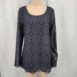 Sophie Max Alcina Women's Black Silver Lace Floral Long Sleeve Blouse NEW